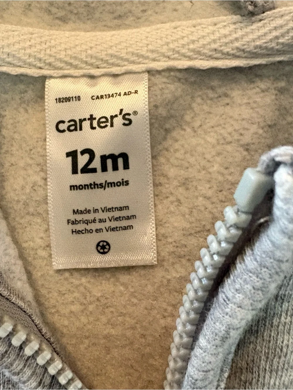 Carter's Light Gray Hooded Zip-Up Sweatshirt 12 month